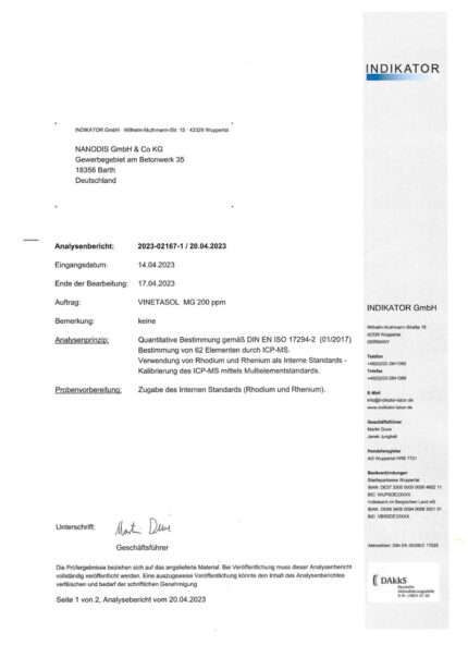 NeueWeltShop, VINETASOL, kolloidales Magnesium, 200ppm, 500ml, Prüfbericht 1