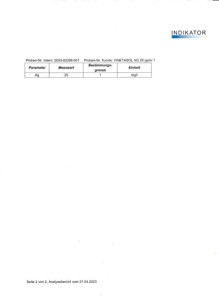 NeueWeltShop, VINETASOL, kolloidales Silber, 25ppm, 500ml, Prüfbericht2