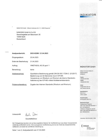 NeueWeltShop, VINETASOL, kolloidales Silber, 25ppm, 500ml, Prüfbericht1