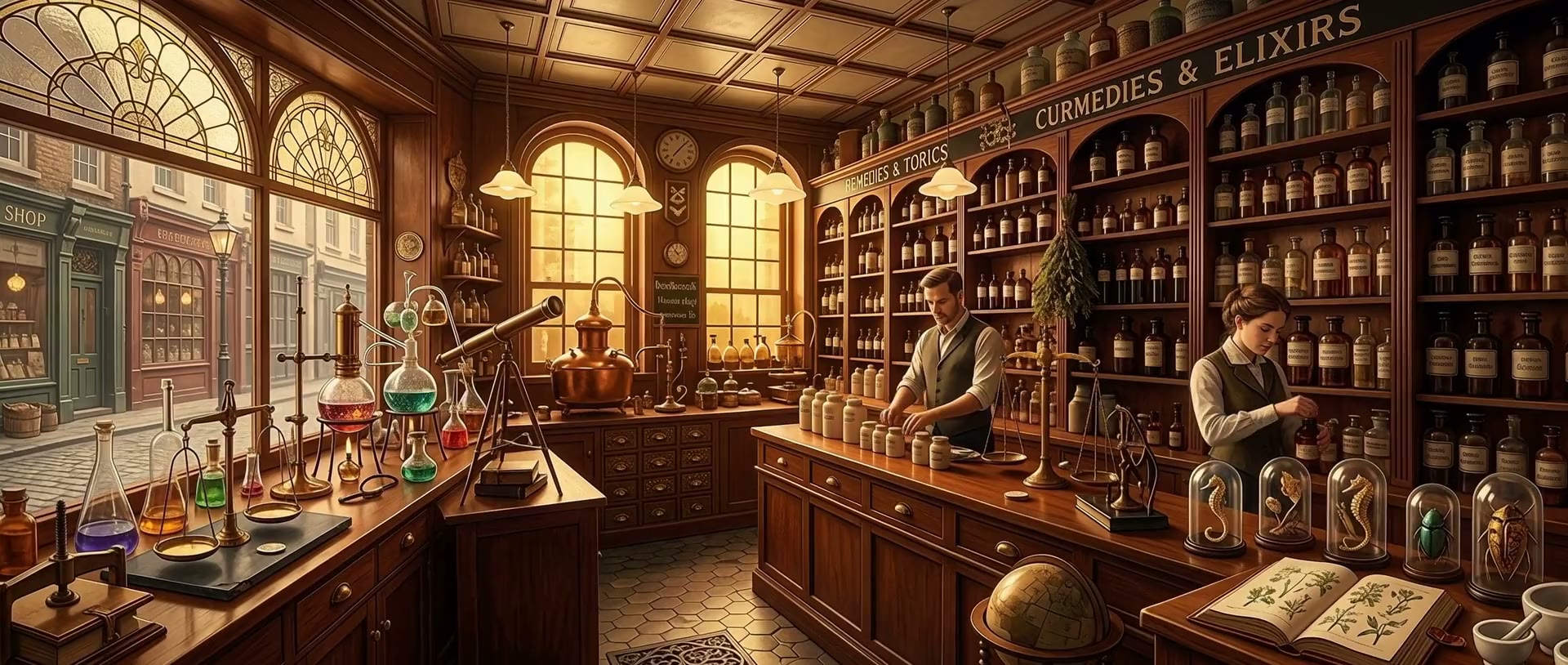 Historische Drogerie um 1900 mit Holzregalen voller Apothekerflaschen, Waagen, Destillierkolben und zwei Drogisten am Tresen