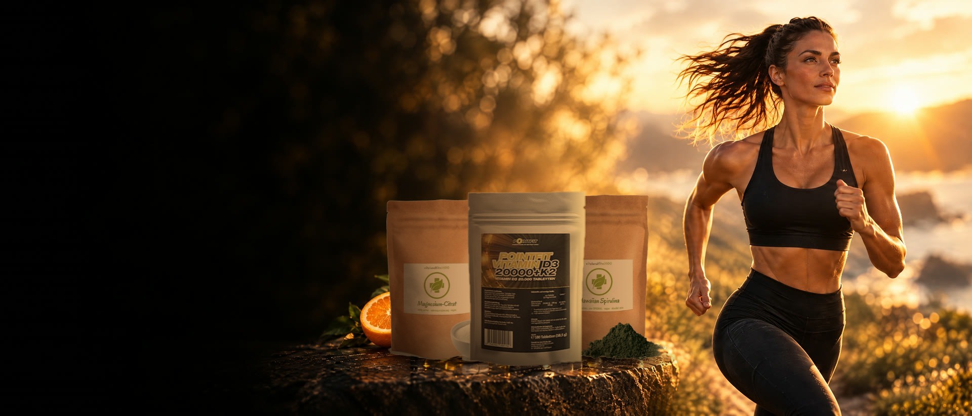 Magnesiumcitrat Pulver, Vitamin D3 20.000 I.E. + K2 und Hawaiian Spirulina Pulver von NeueWeltShop auf einem Stein im Abendlicht, daneben eine sportliche Frau beim Laufen in der goldenen Stunde
