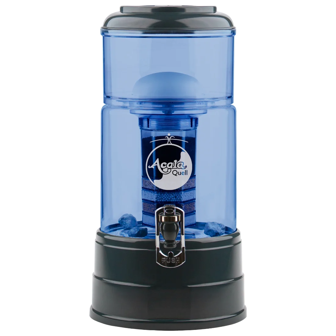AcalaQuell Standwasserfilter Mini in Blau mit Sockel in Anthrazit