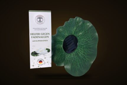 Algenseerose ALSERO – Solar-Seerosenblatt mit Kupferelektroden und Verpackung