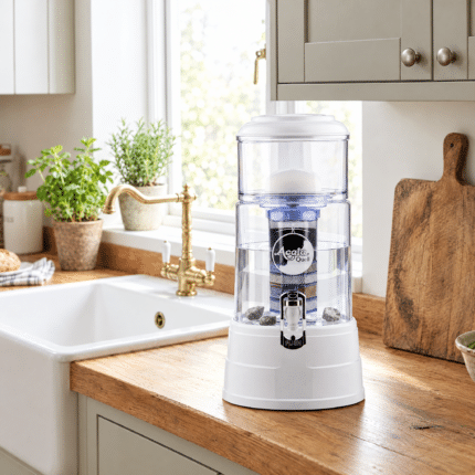 AcalaQuell Mini Wasserfilter in der Küche auf Holz-Arbeitsplatte