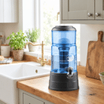 AcalaQuell Mini Sondermodell Blau mit Anthrazit-Sockel in der Küche