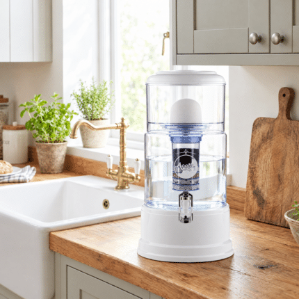 AcalaQuell Advanced Wasserfilter in der Küche auf Holz-Arbeitsplatte
