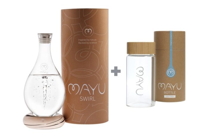 MAYU Hydration Explorer Set Earth – Swirl Karaffe mit 0,5 l Glasflasche und Verpackung