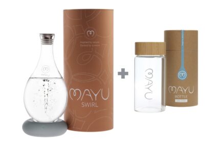 MAYU Hydration Explorer Set Dolomite – Swirl Karaffe mit 0,5 l Glasflasche und Verpackung