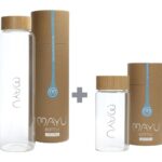 MAYU On-the-Go Pack Glasflaschen-Set mit Bambusdeckel – 1,5 l und 0,5 l Glasflasche