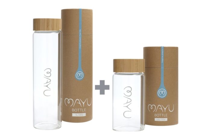 MAYU On-the-Go Pack – 1,0 l und 0,5 l Glasflasche mit Bambusdeckel und Kartonröhre