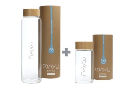 MAYU On-the-Go Pack Glasflaschen-Set mit Bambusdeckel – 1,5 l und 0,5 l Glasflasche